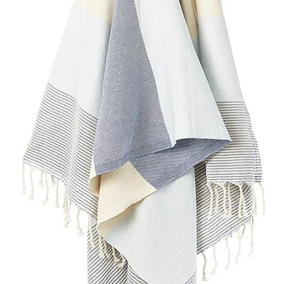 100% Organic Turkish Towel (Blue/ Beige) NWT - Picture 2 of 3